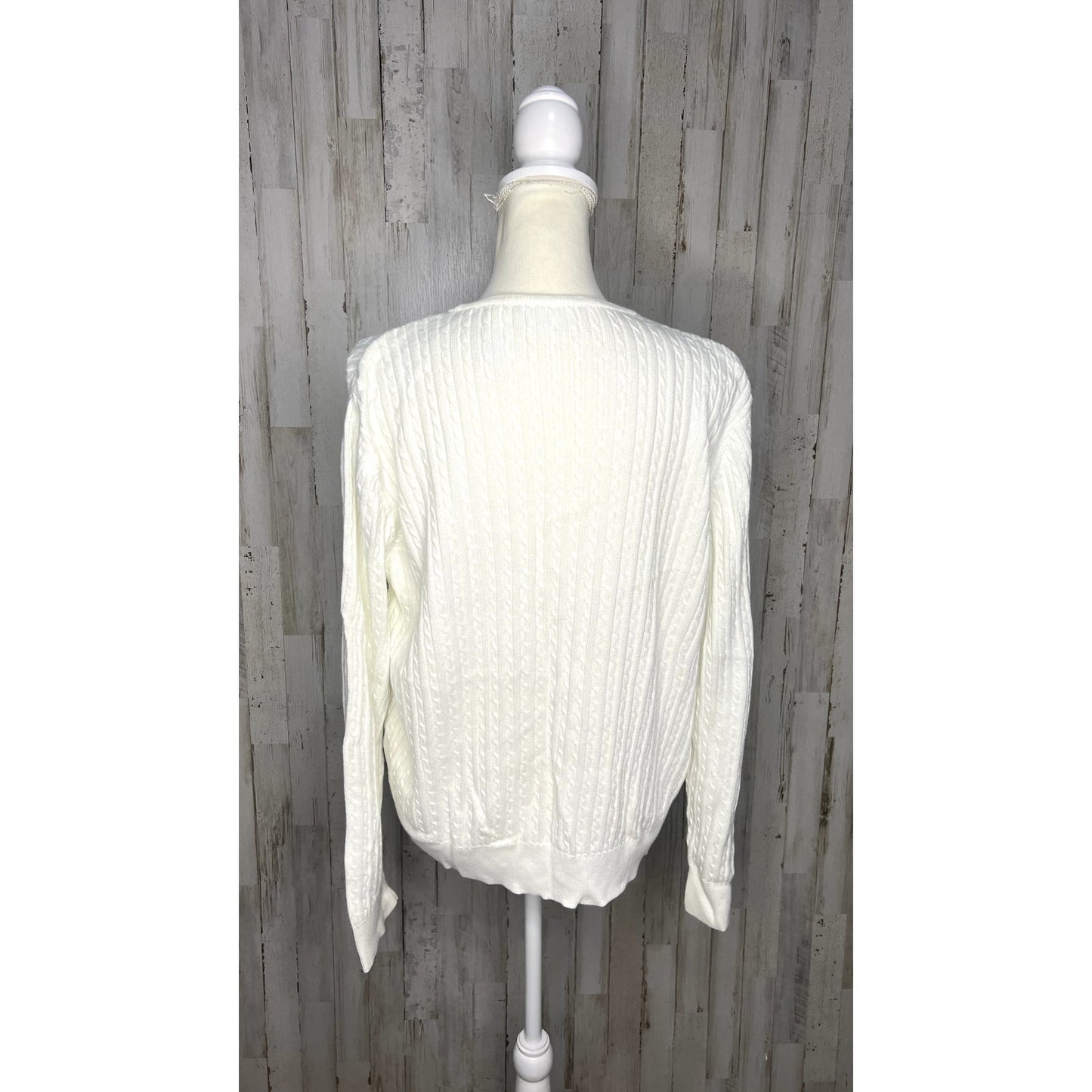 Liz Claiborne Women's Large White Cable Knit Cardigan Sweater V-Neck