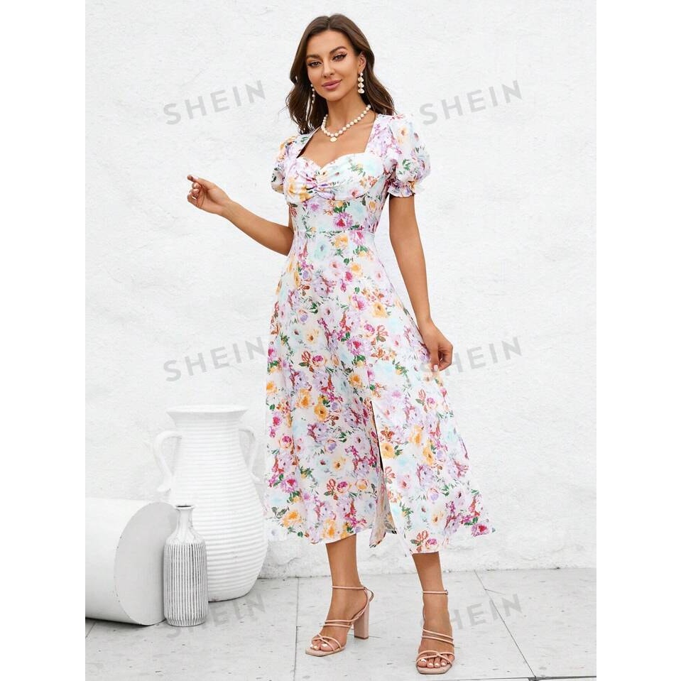 SHEIN Women's Small Floral Puff Sleeve A-Line Multicolor Spring Midi Dress