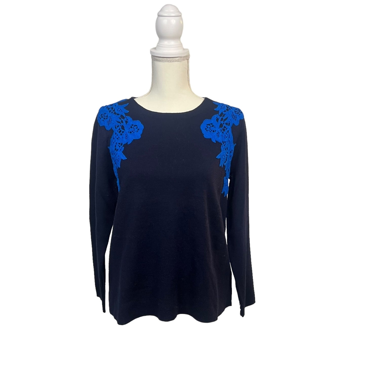 J. Crew Women's Large Navy Blue Pullover Sweater Lace Crochet Shoulder Detail