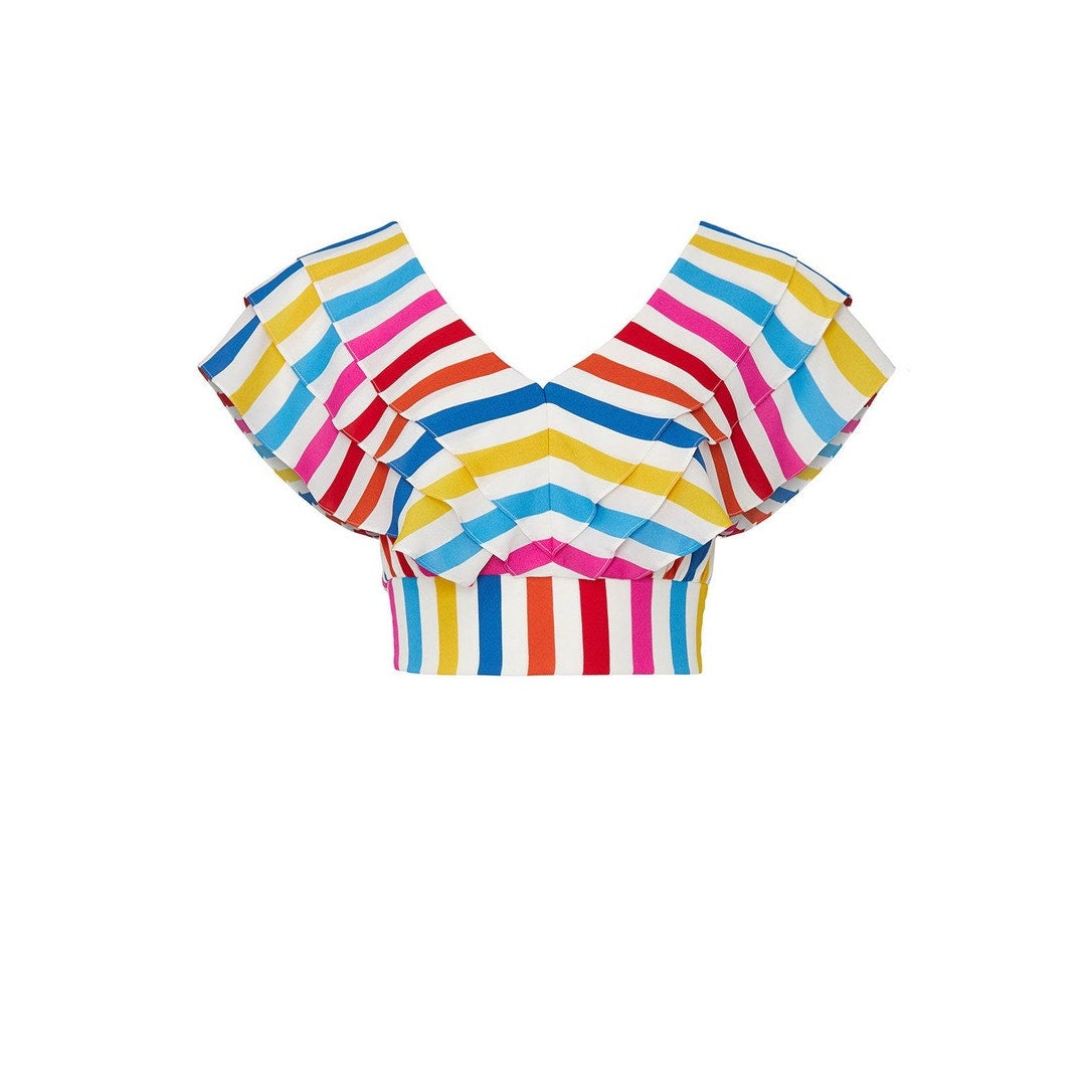 Color Me Courtney Women's Size 0 Rainbow Stripe Holly Ruffle Crop Top