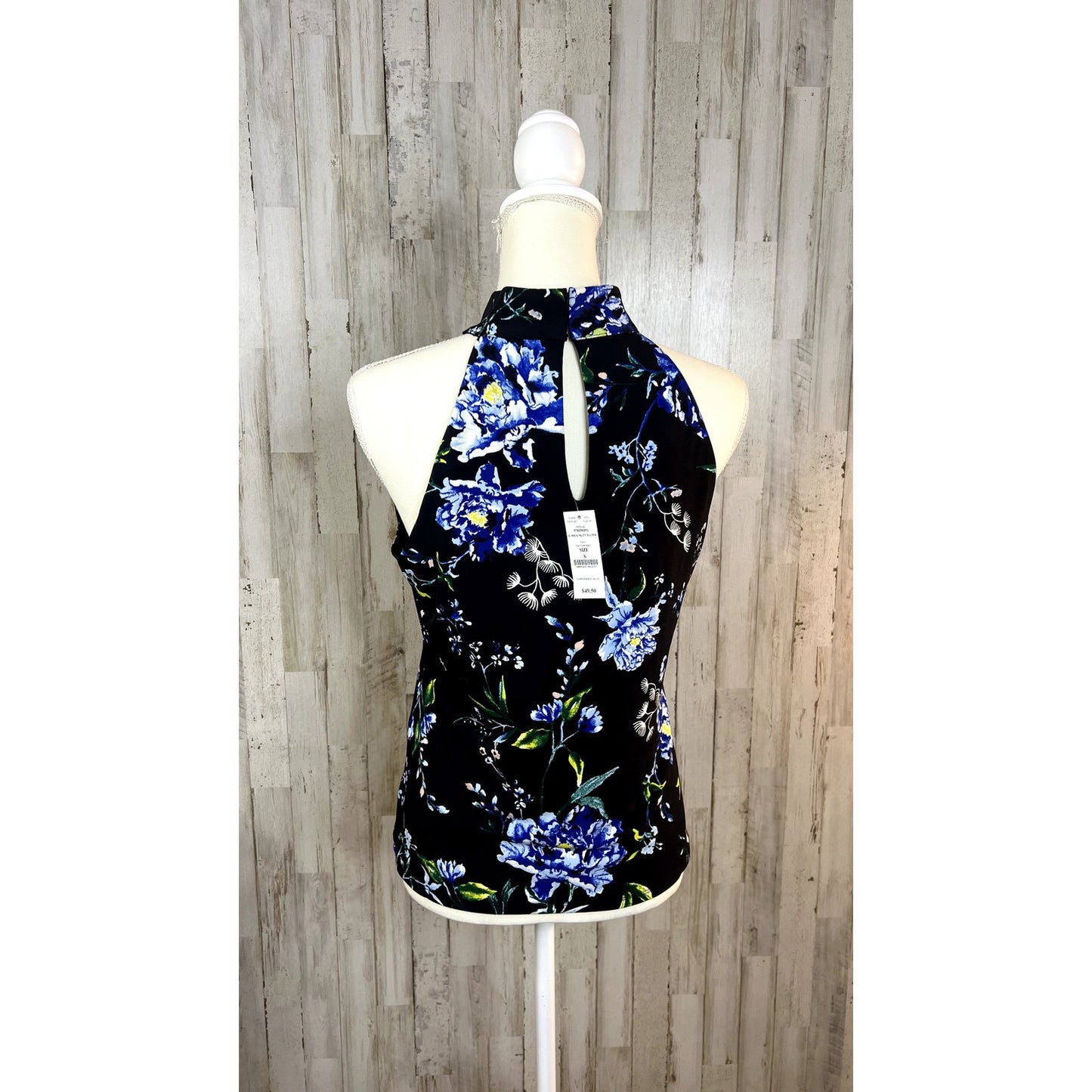 NWT WHBM Women's Small Sleeveless Floral Halter Blouse Black Mock-Neck Top