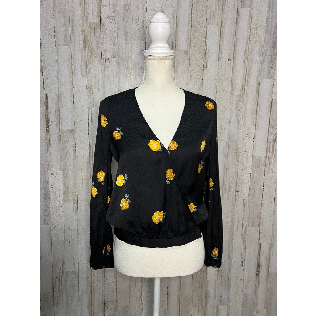 Madewell Women's Small Black Floral Wrap V-Neck Balloon Sleeve Blouse
