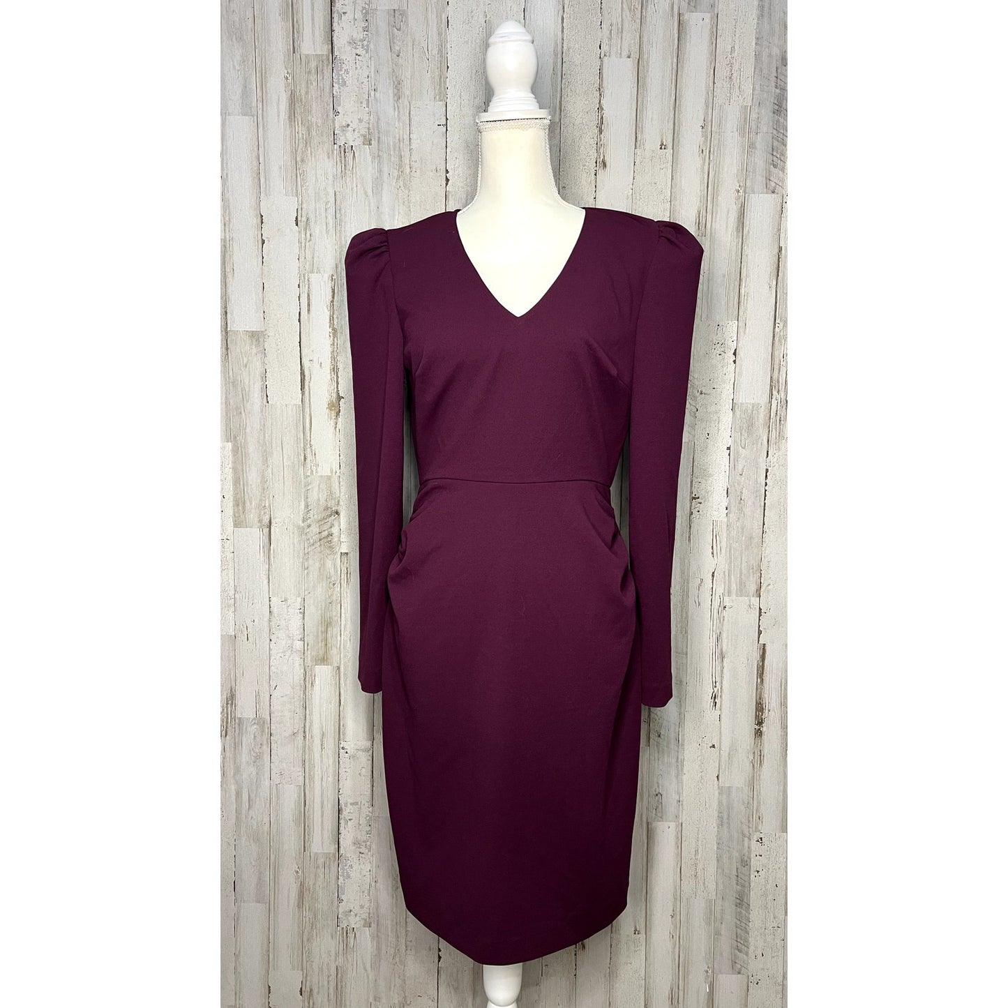 Trina Turk Women's Size 6 Burgundy V-Neck Puff Sleeve Knee Length Dress