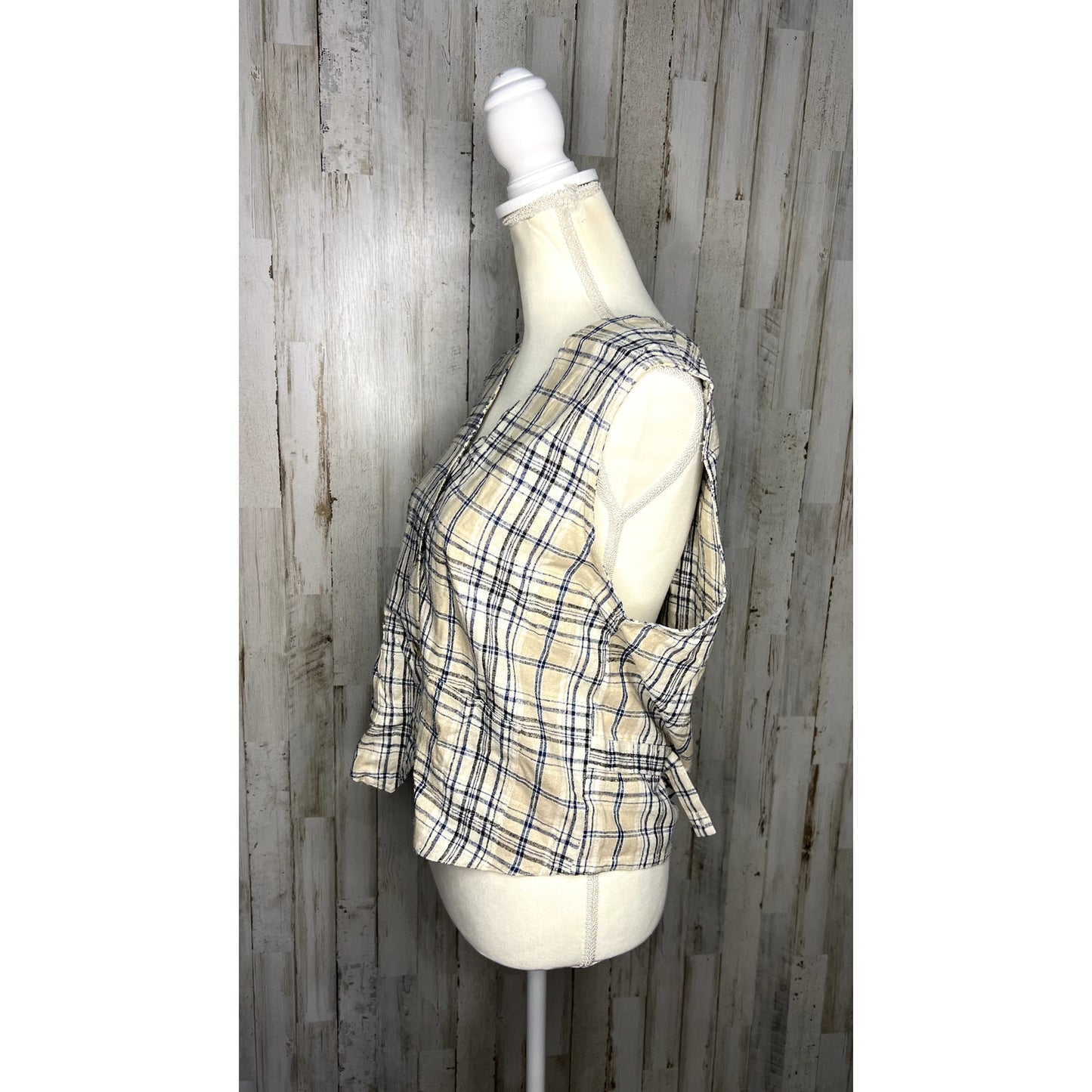 Vintage Silk Exchange Plaid Vest Women's Medium Cream/Blue Button-Up Vest