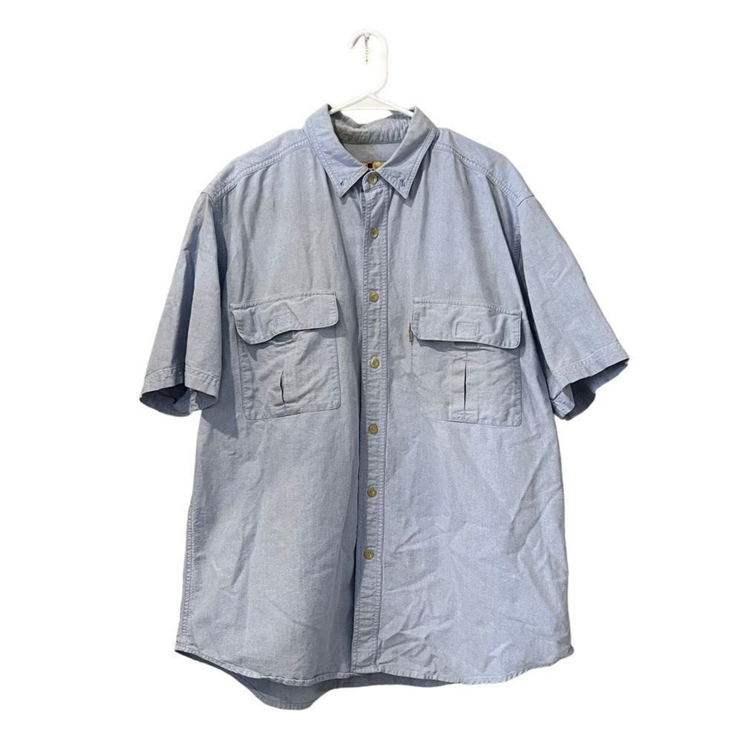 Woolrich Shirt Mens XL Blue Chambray Short Sleeve Button Up 2 Pocket