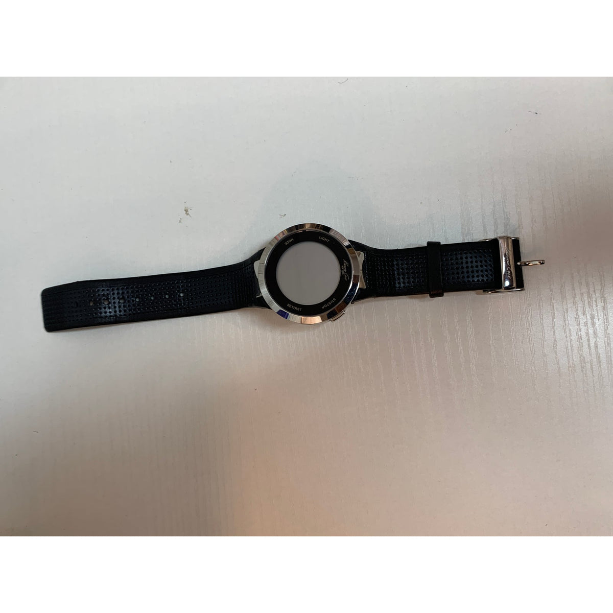 Kenneth Cole Mens Digital Watch Round Silver Black Perforated Leather Not Tested