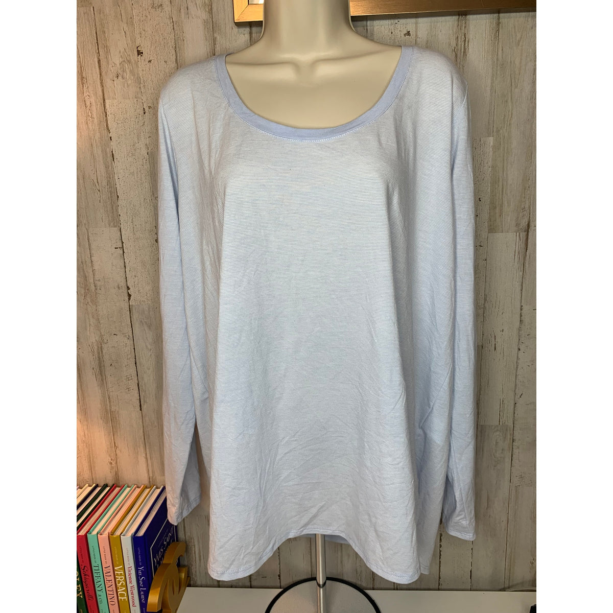 Land’s End Womens Plus 1XL Light Blue Striped Long Sleeve Scoop Neck Tee