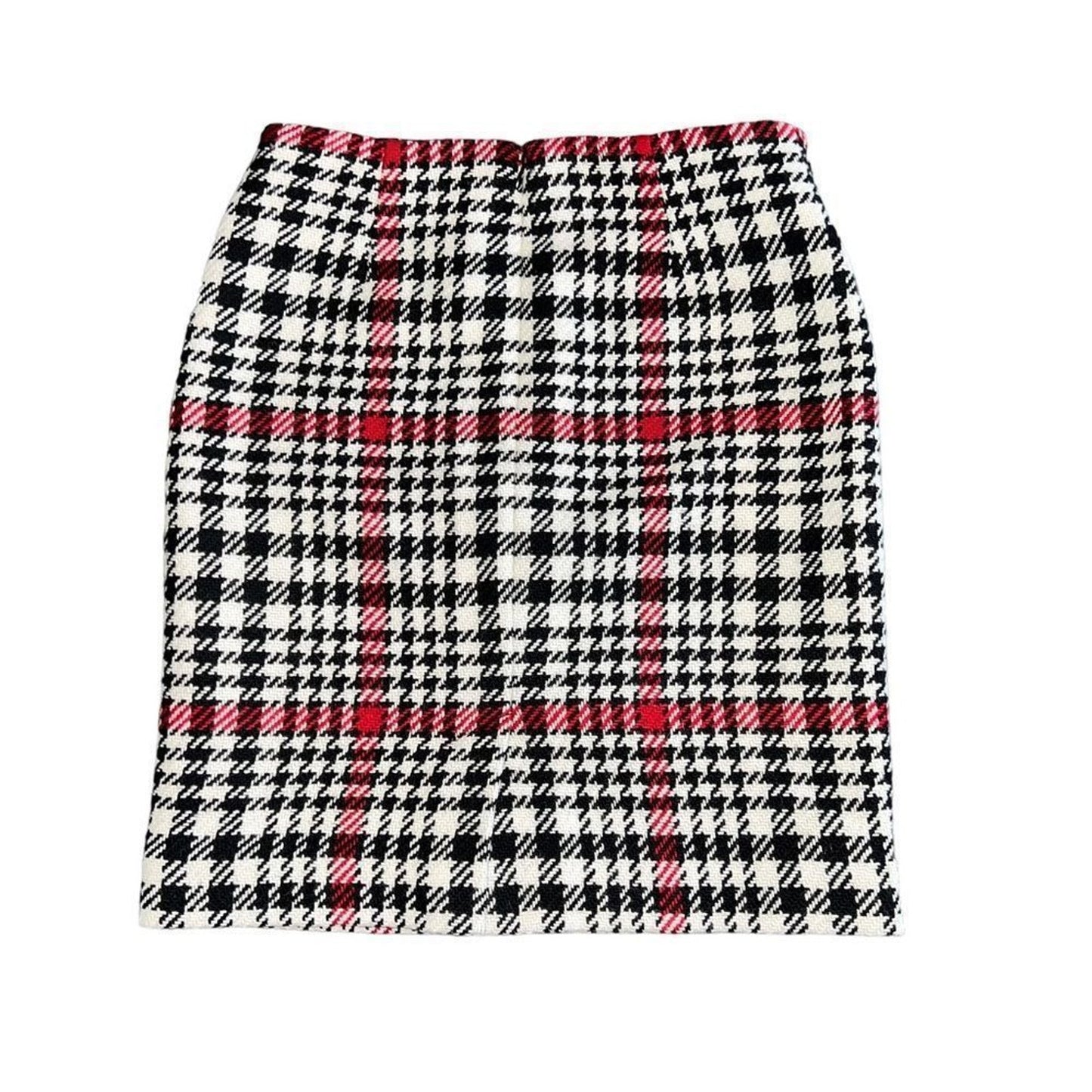 Talbots Skirt Women's Size 2 Black White Red Plaid Wool Houndstooth Knee Lined