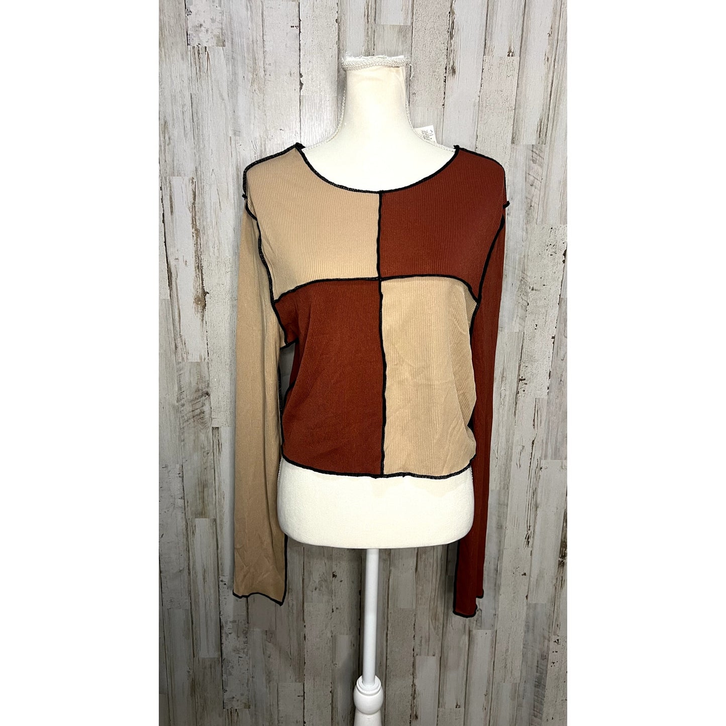 NWT GIBIU USA Women's 3XL Colorblock Long Sleeve Crop Top Brown Tan Casual