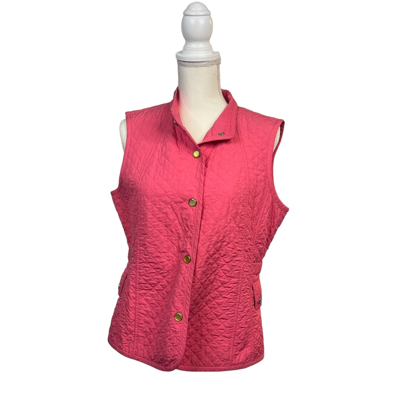 Talbots Women's Medium Pink Quilted Lightweight Gold Button Collared Vest