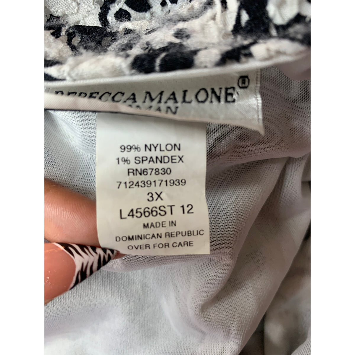 Rebecca Malone Tunic Blouse Womens Plus 3XL Black White Floral 3/4 Sleeve