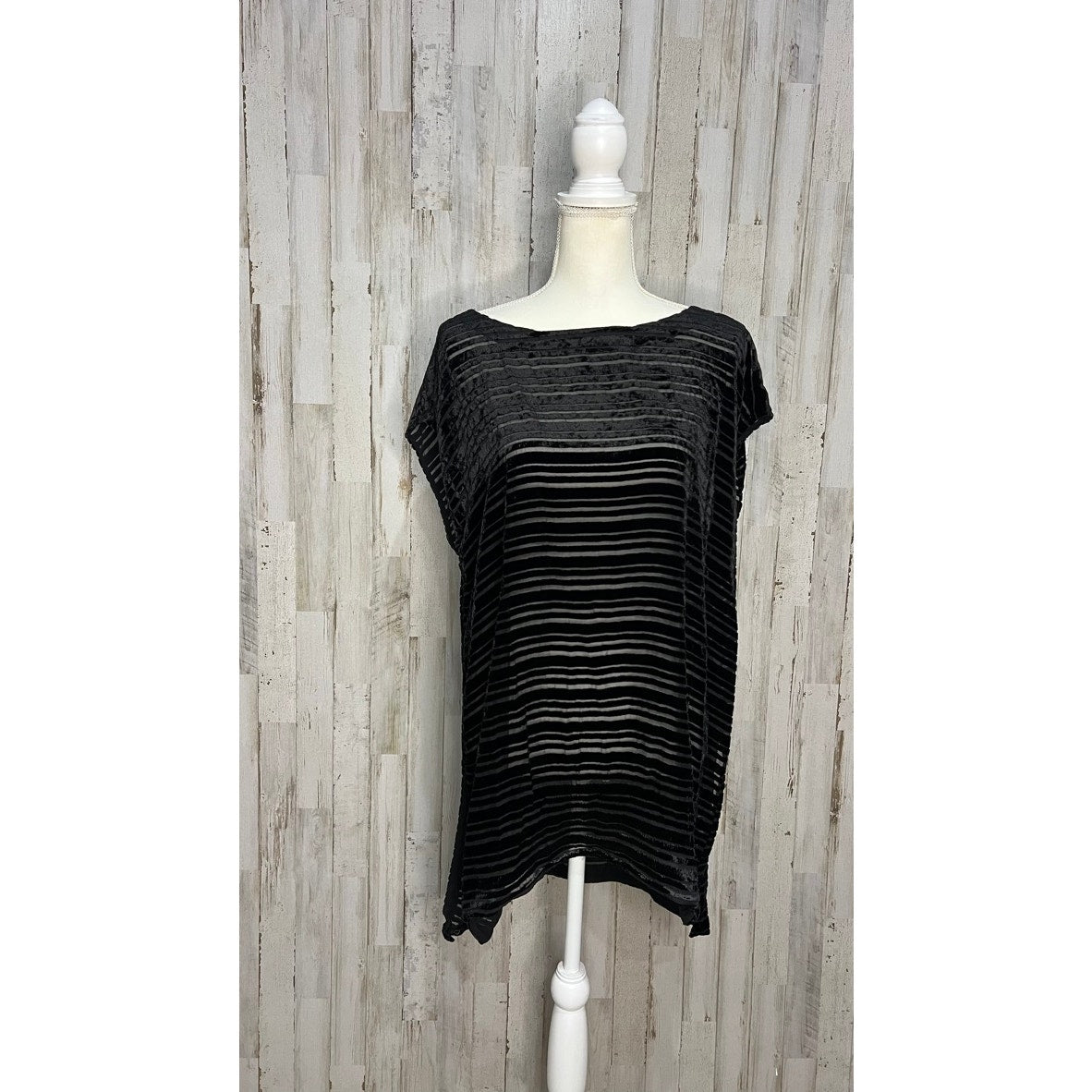 Eileen Fisher Women's Black Velvet Burnout Stripe Cap Sleeve Blouse Medium