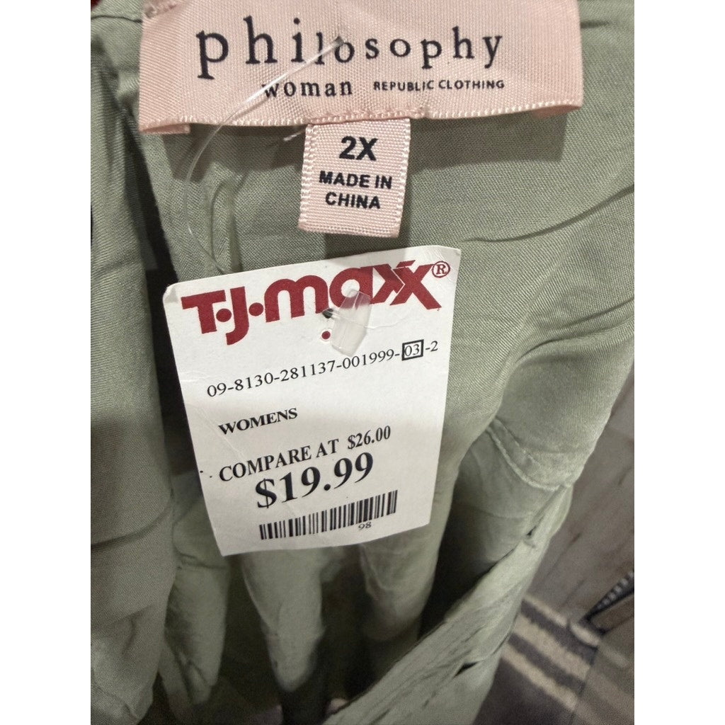 NWT Philosophy Woman Blouse Womens 2X Sage Green Tunic V-Neck Roll Tab Sleeves