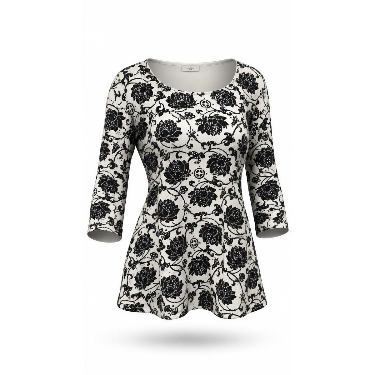 Rebecca Malone Tunic Blouse Womens Plus 3XL Black White Floral 3/4 Sleeve