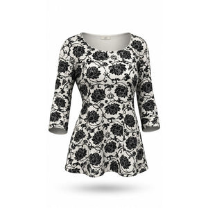 Rebecca Malone Tunic Blouse Womens Plus 3XL Black White Floral 3/4 Sleeve