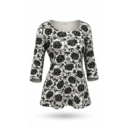 Rebecca Malone Tunic Blouse Womens Plus 3XL Black White Floral 3/4 Sleeve