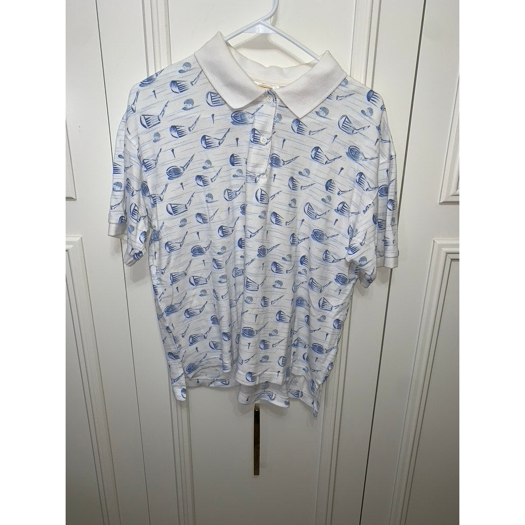 Talbots Women's Polo Shirt Golf Print White Short Sleeve Size Large Casual