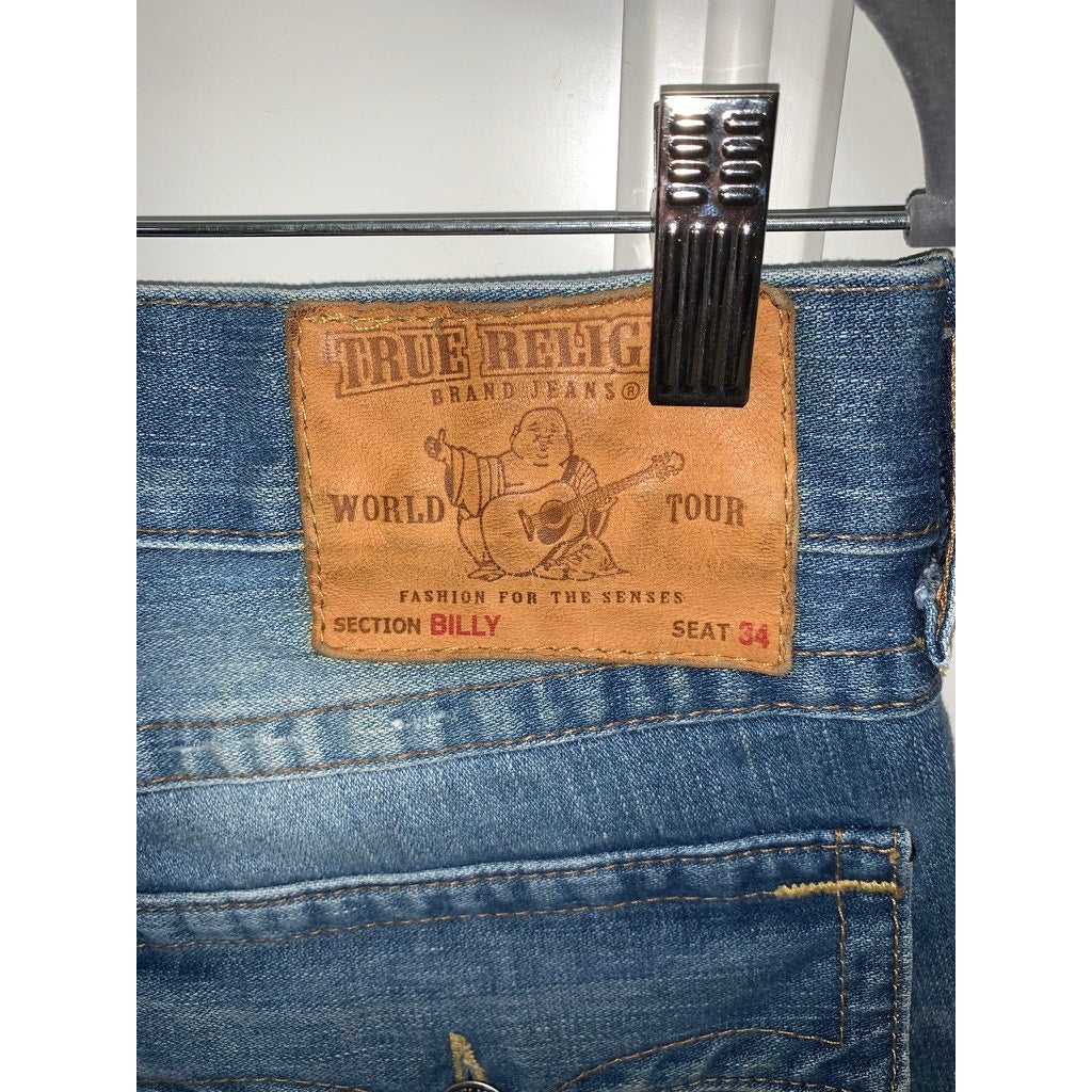True Religion Men's Blue Straight Jeans Size 34 Distressed Flap Pockets