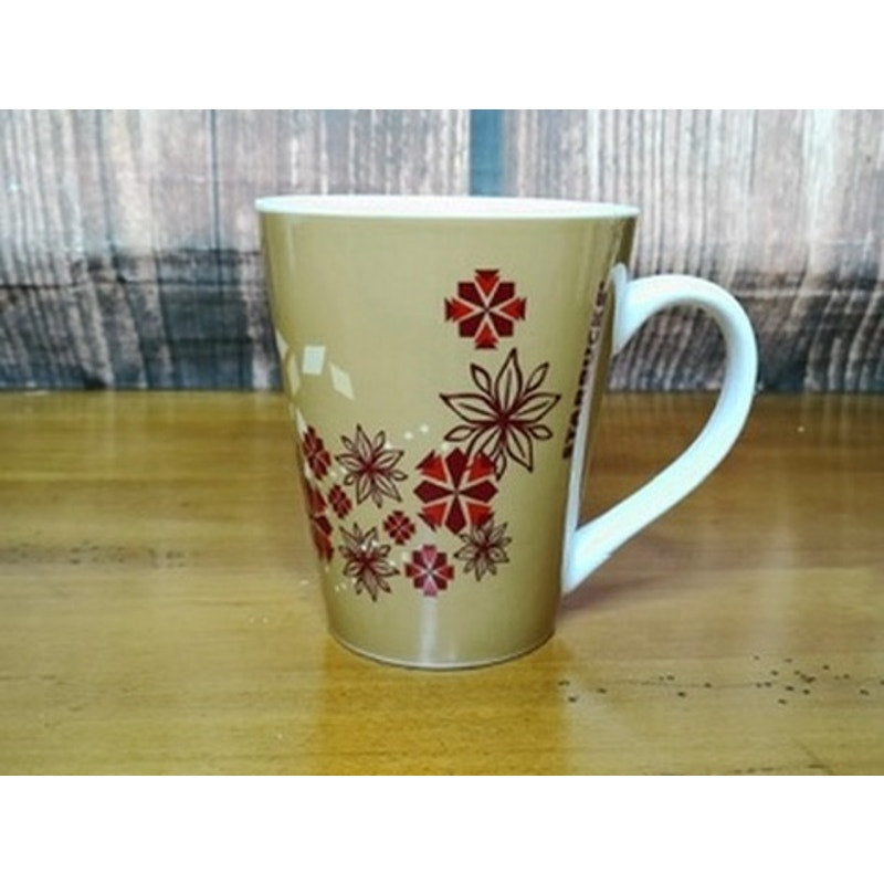 Starbucks Coffee Mug 2009 Tan Holiday Snowflake Floral Cup