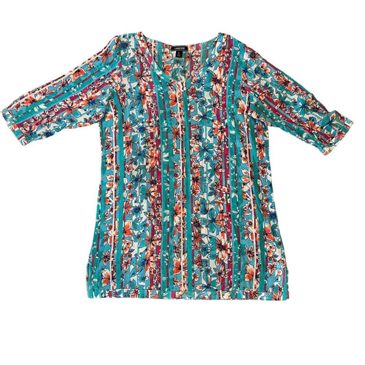 Lands' End 3/4 Sleeve Floral Pattern Button-Up Front Tunic Swim Cover-Up - Large