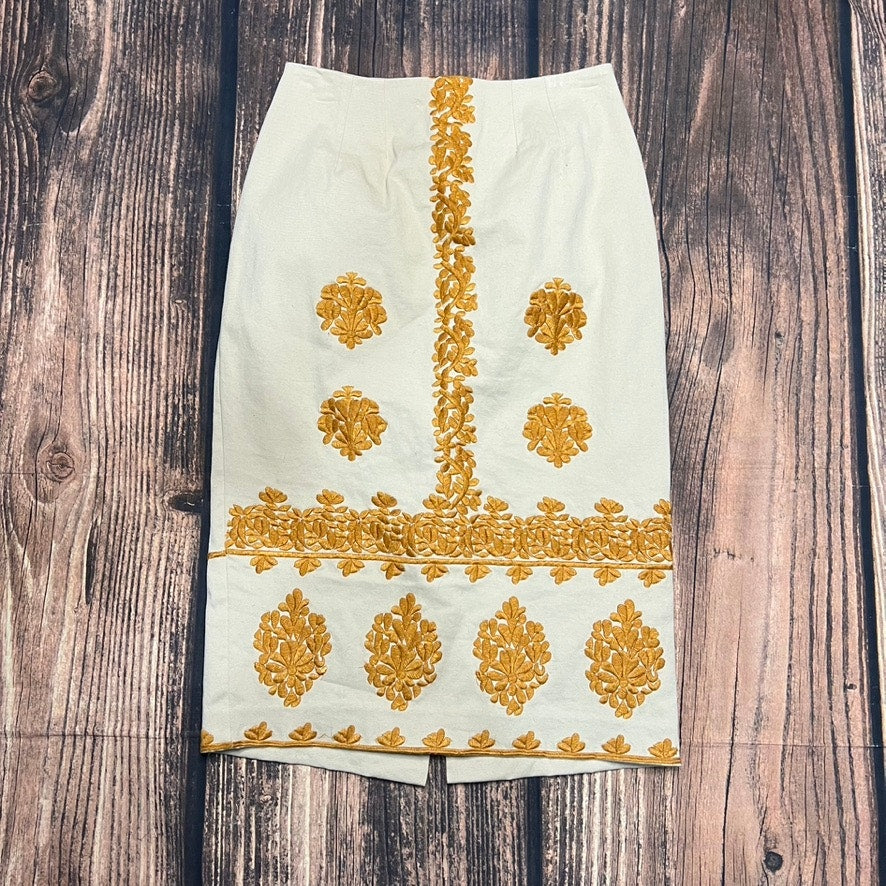 Anthropologie Women's Gold Verona Floral Embroidered Pencil Skirt Size 2