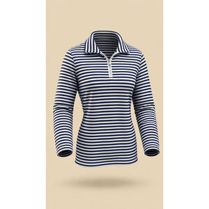 LOHLA Sport Womens Pullover Top Medium Navy White Striped 1/4 Zip Mock Neck
