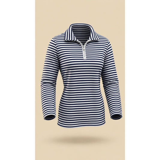 LOHLA Sport Womens Pullover Top Medium Navy White Striped 1/4 Zip Mock Neck