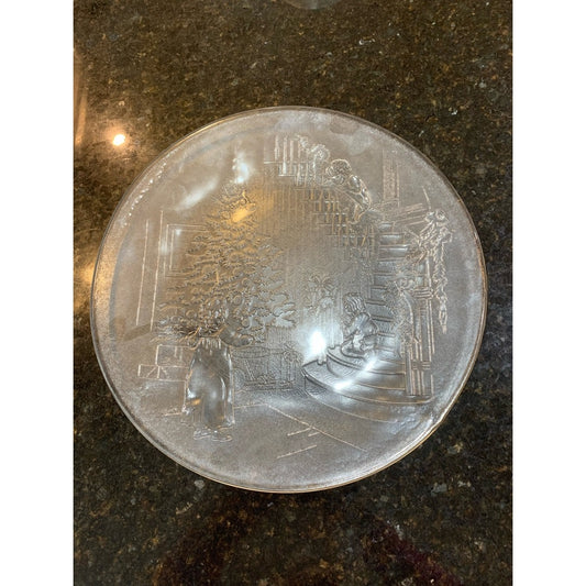 Libbey Vintage Embossed Village Scene Round Glass Christmas Platter