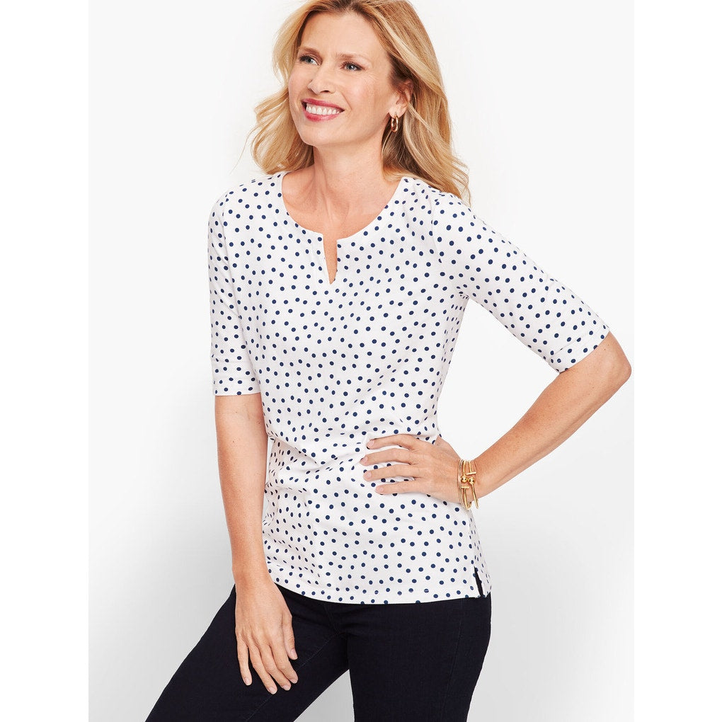 Talbots Women's Polka Dot V-Neck 3/4 Sleeve Tee White/Purple Size Small