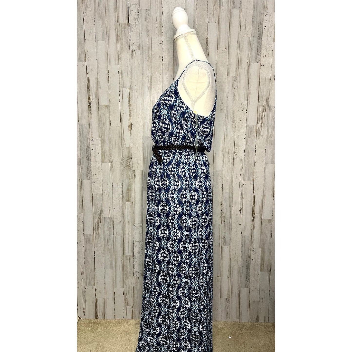 Lily Rose Women's Medium Blue Polynesian Belted Maxi Dress Sleeveless