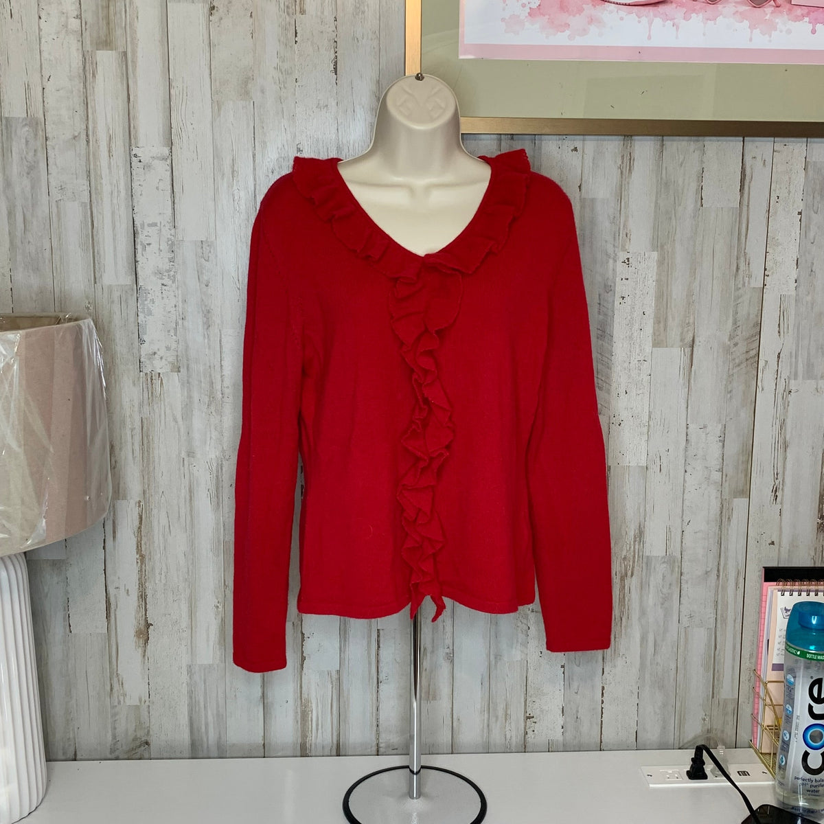 Prive Cashmere Sweater Womens Size M Red Ruffle Trim V-Neck Pullover