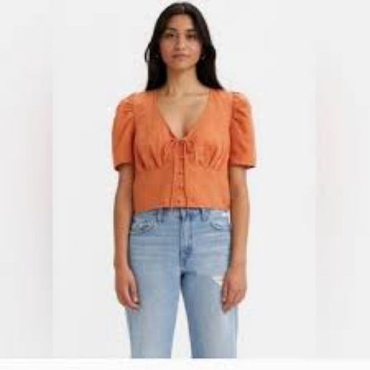 NWT Levi's Linen Luisa Puff Sleeve Blouse Orange Medium