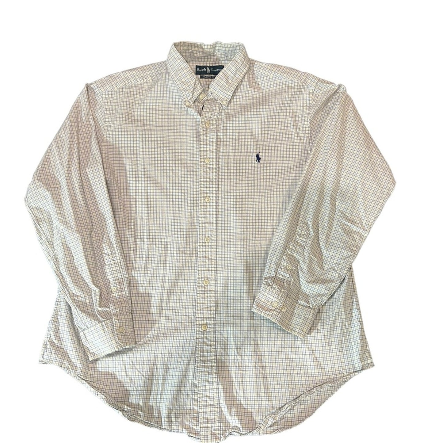 Ralph Lauren Button-Up Shirt Mens Size 17 Beige Check Long Sleeve Pony