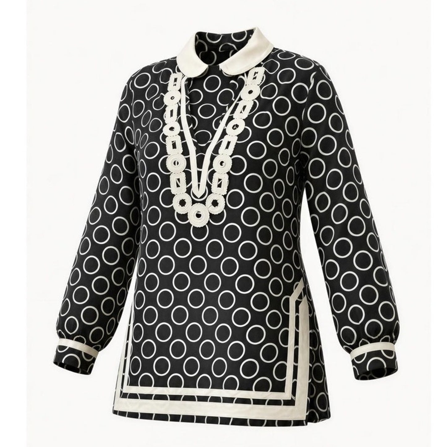 Michael Kors Tunic Top Womens Medium Black White Geometric Circle Print V-Neck