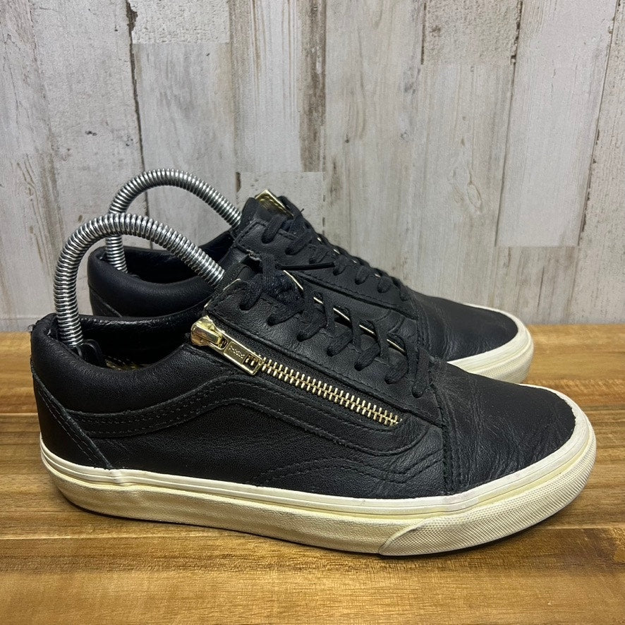 Vans Old Skool Women's Black Leather Sneakers Gold Side-Zip Size 6.5