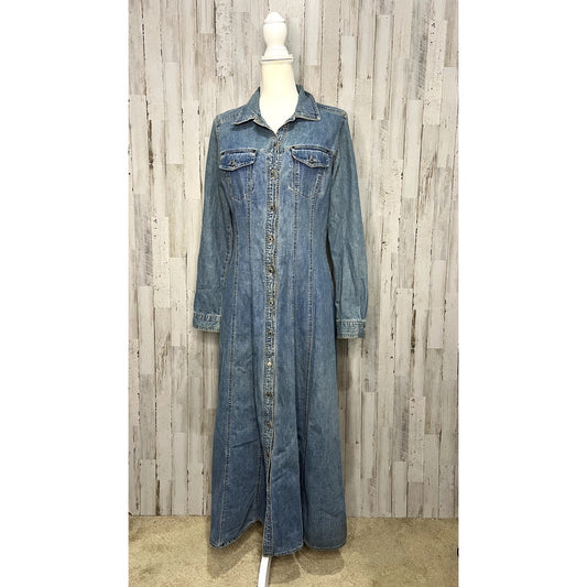 American Eagle Women's Long Denim Dress Jacket Blue Size 8 Button Up