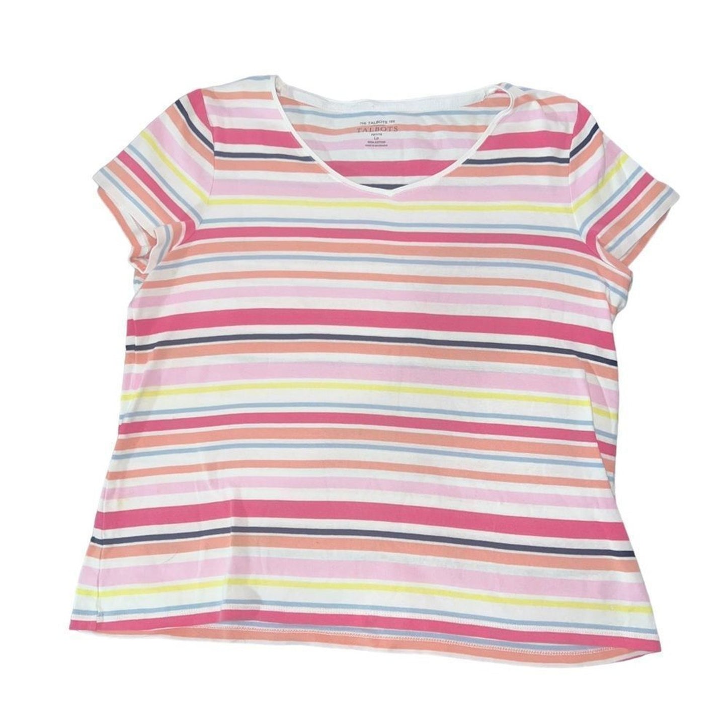 Talbots Tee Womens Petite Large Multicolor Striped V-Neck Short Sleeve T-Shirt