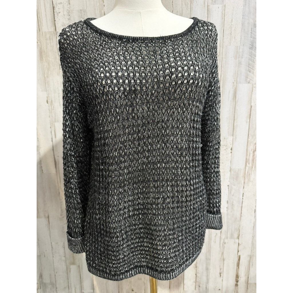 Lulu-B Sweater Womens Size Small Black & White Marled Open-Knit Pullover Top