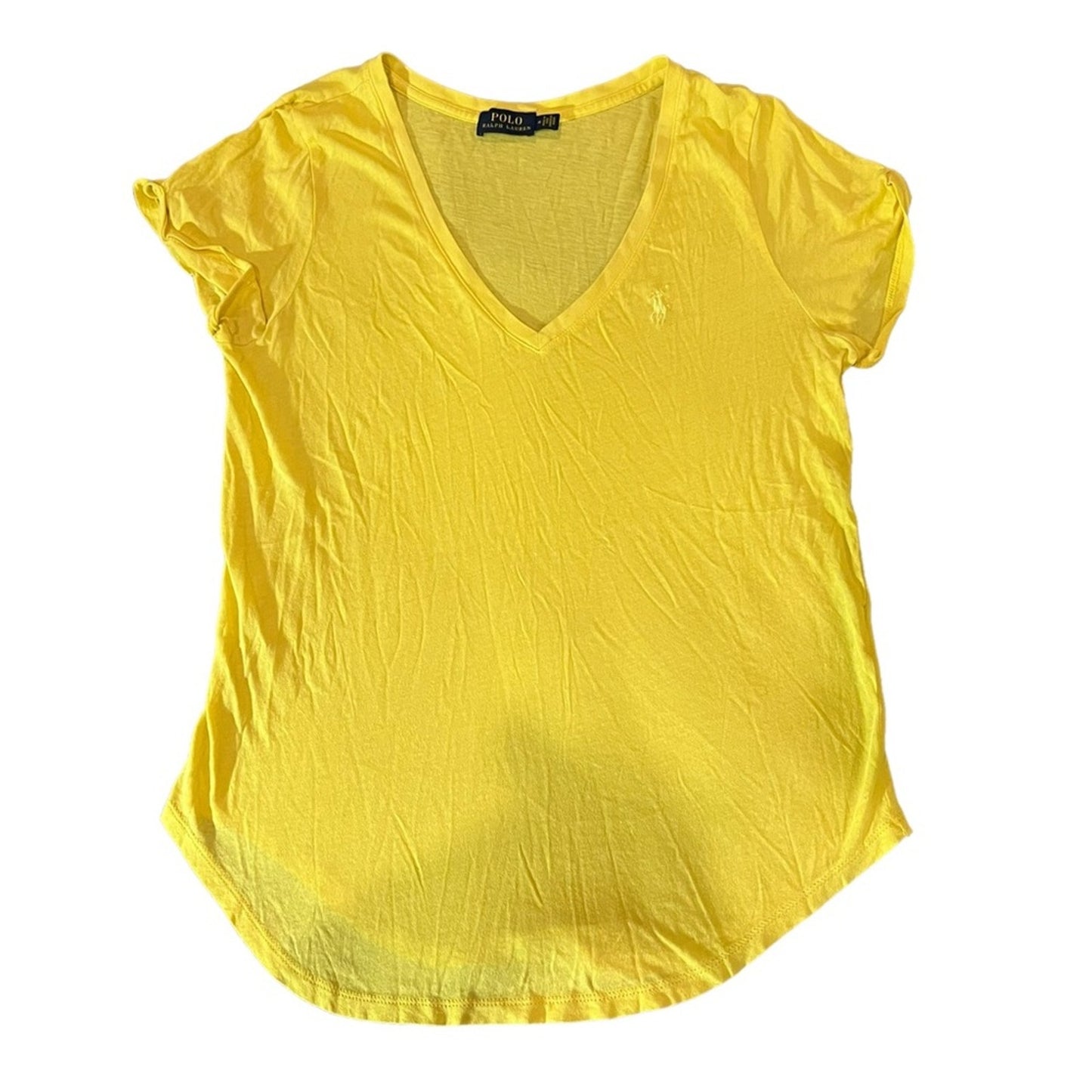 Polo Ralph Lauren T-Shirt Womens Size Medium Yellow V-Neck Short Sleeve Logo