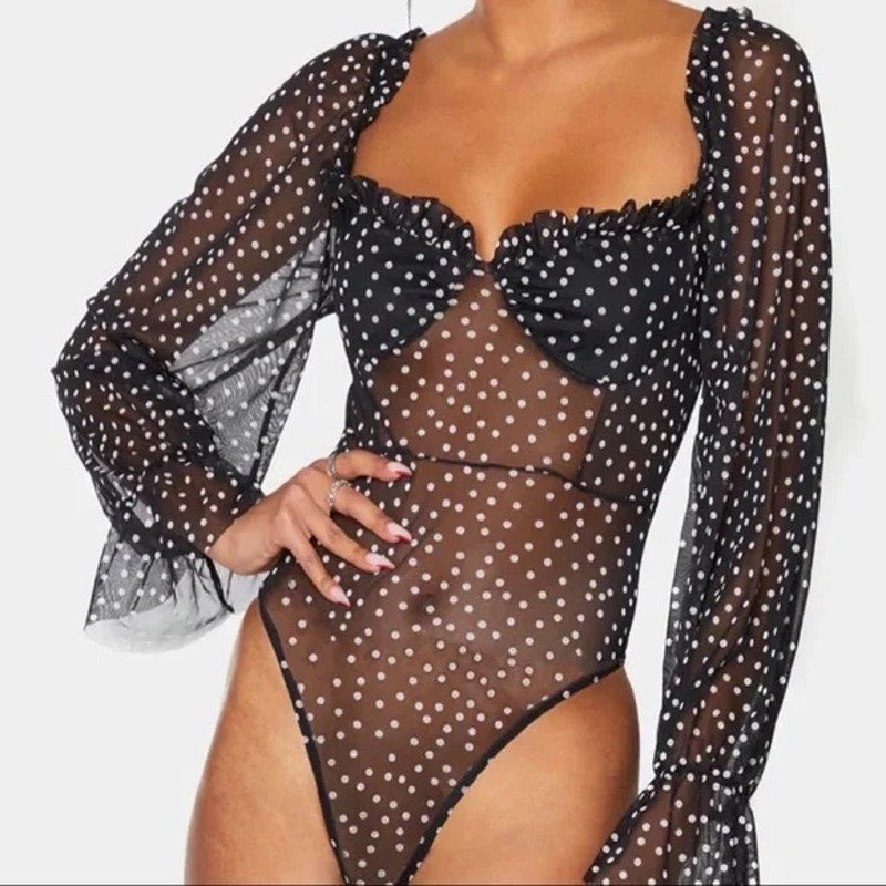 PrettyLittleThing Women's Black Polka Dot Mesh Milkmaid Bodysuit Size 4