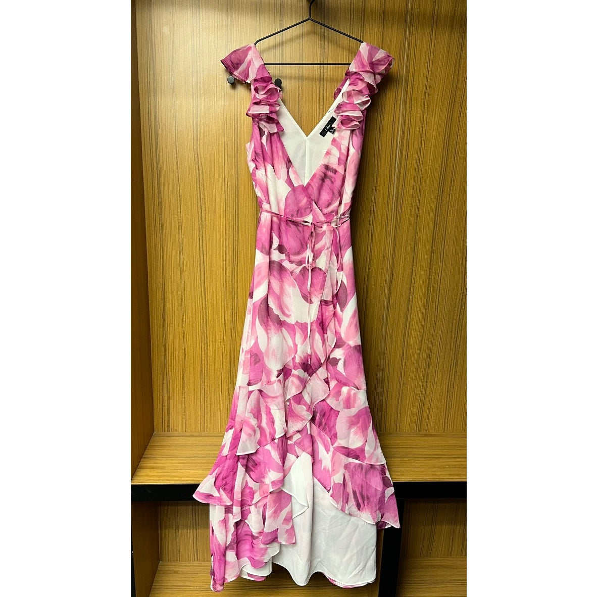 Lulus Women's XL Elevate the Occasion Pink Floral Ruffled Wrap High-Low Dress