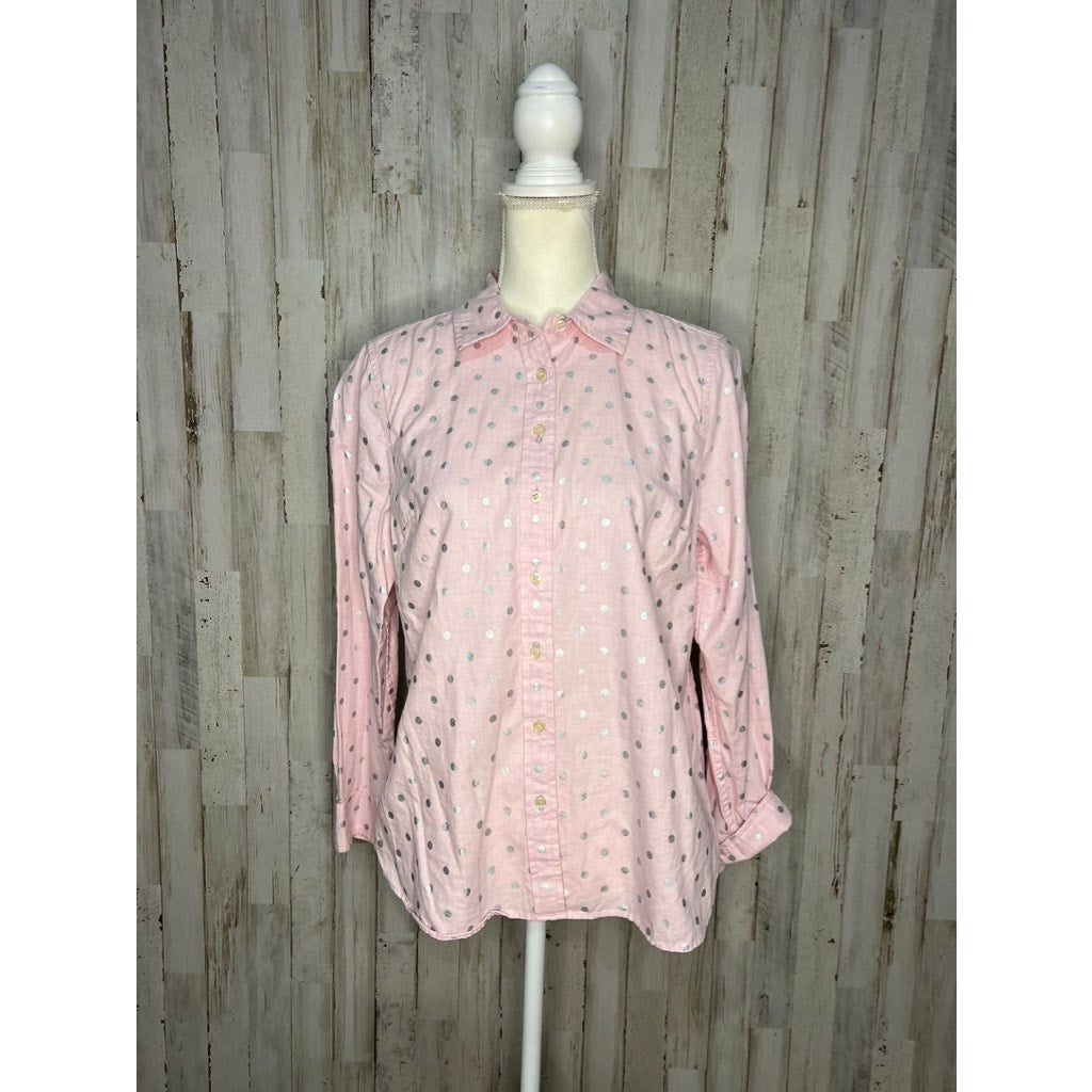 Talbots Women's Petite Medium Pink Polka Dot Button-Up Shirt Long Sleeve