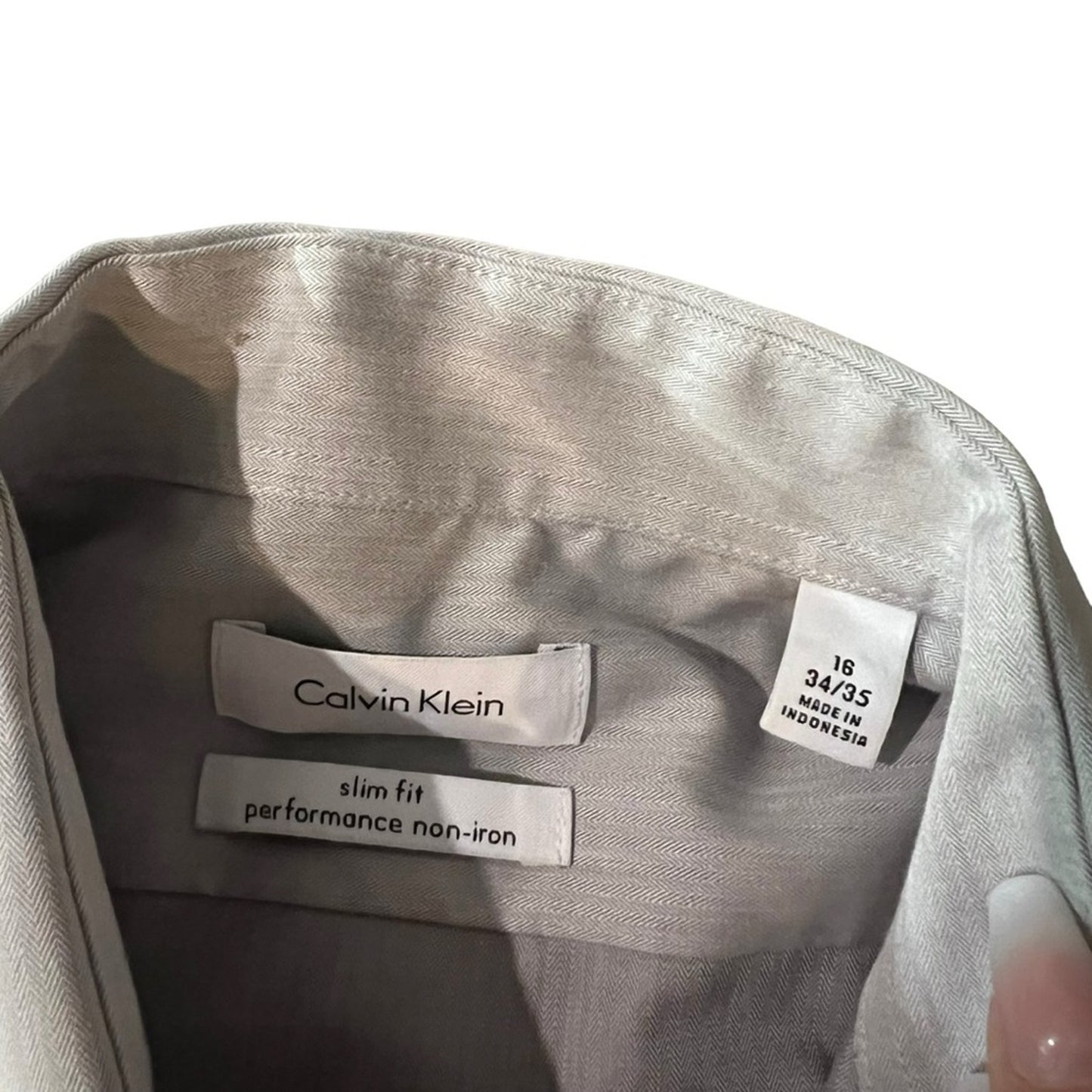 Calvin Klein Dress Shirt Mens 16 34/35 Gray Herringbone Slim Fit Non-Iron