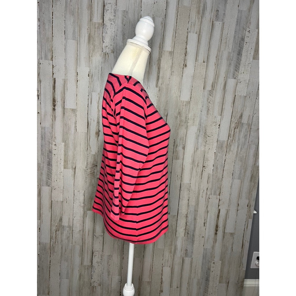 L.L. Bean Women's Medium Pink & Navy Striped 3/4 Sleeve Boat Neck Blouse