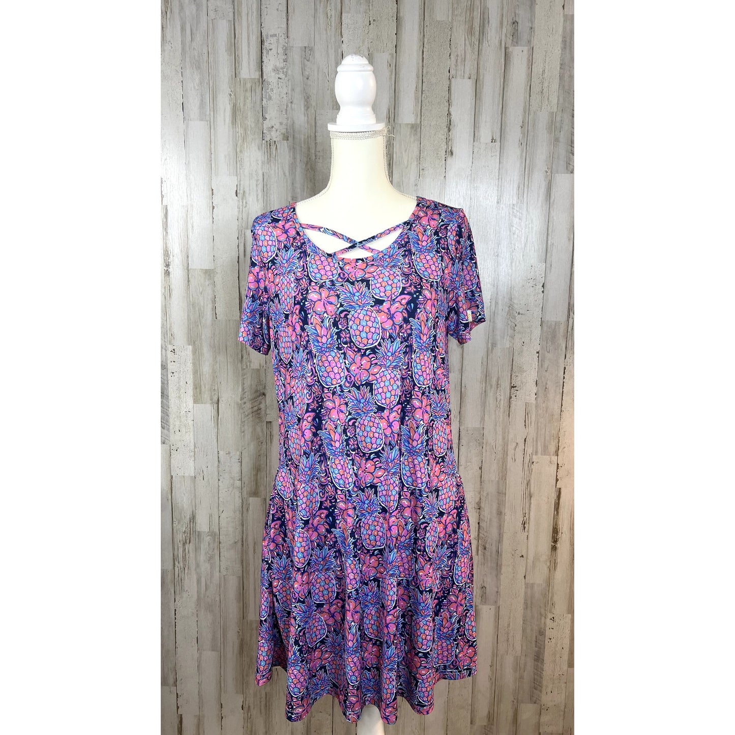 Simply Southern Women's Small Pineapple Print Summer Scoop Neck Tunic Dress