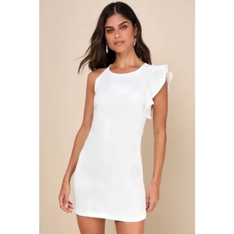 Lulus Women's Medium White One-Shoulder Ruffle Mini Dress Party Cocktail