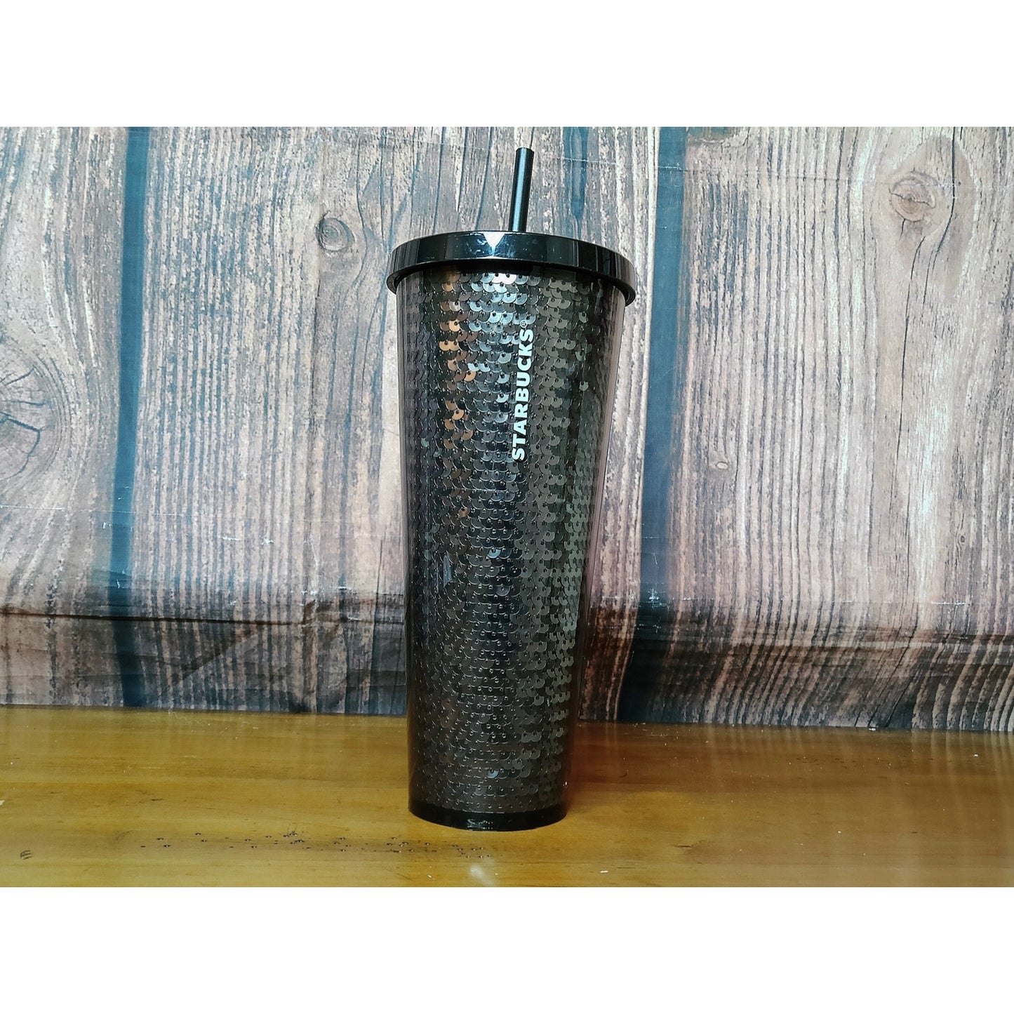 Starbucks Black Sequin Cold Cup Tumbler w/ Lid & Straw 24 oz