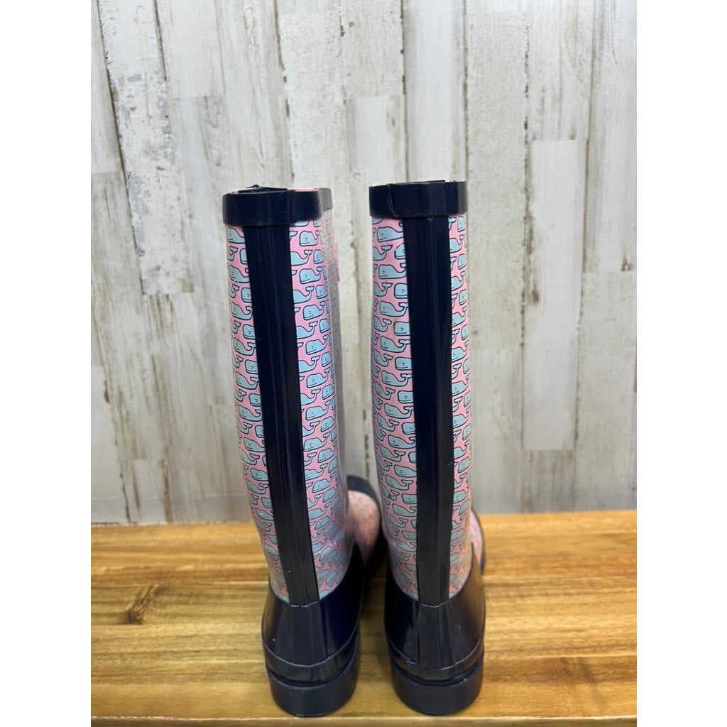 Vineyard Vines Women's Whalies Rain Boots Blue Pink Size 7 Waterproof Durable