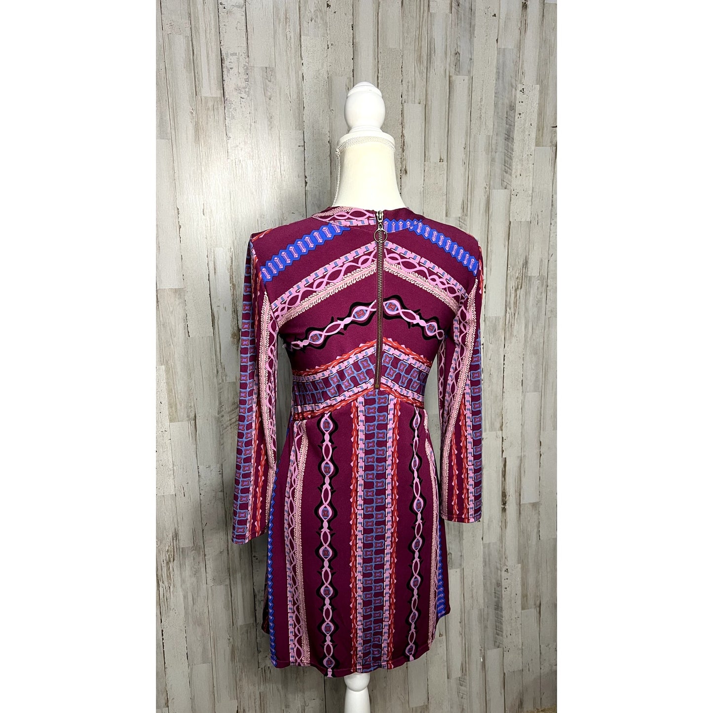 Free People Women's Small Purple Geometric Long Sleeve Mini Dress
