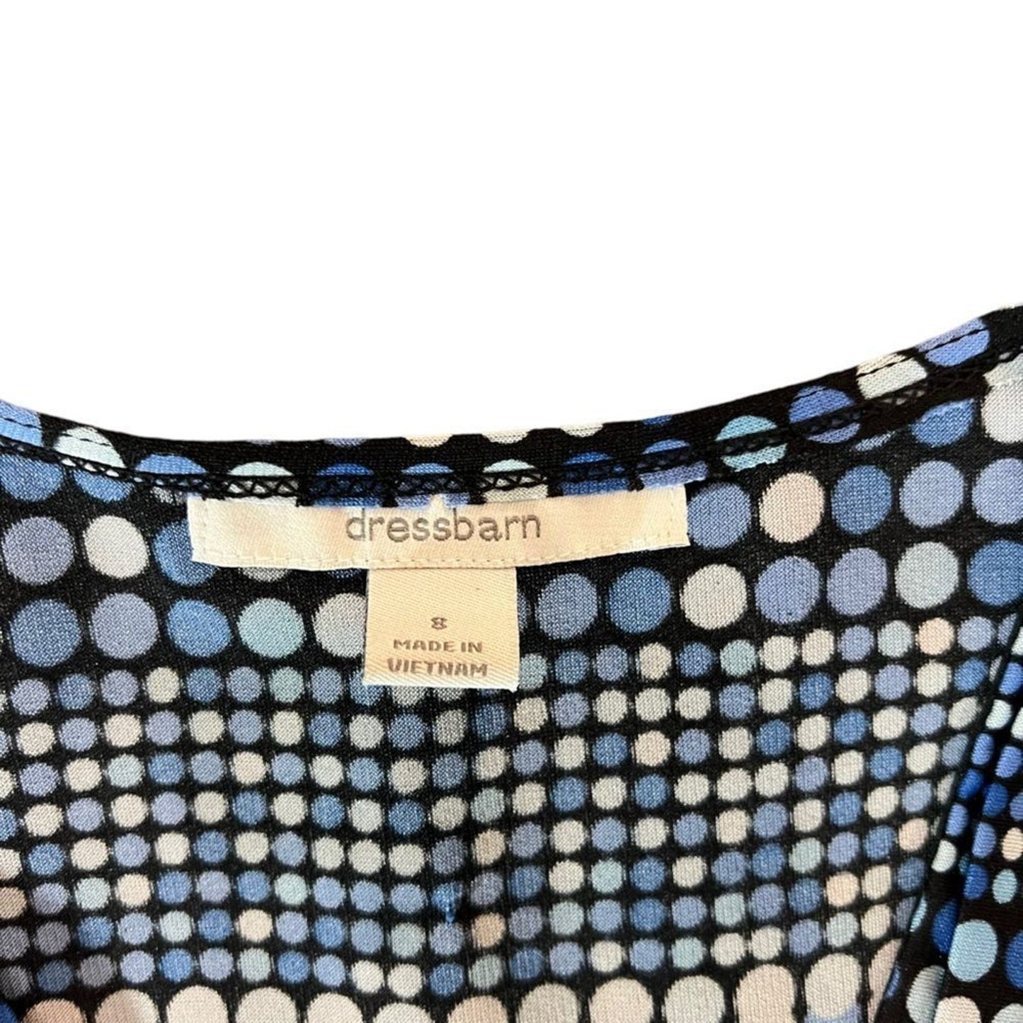 Dressbarn Tunic Blouse Womens Size 8 Blue White Black Geometric V-Neck